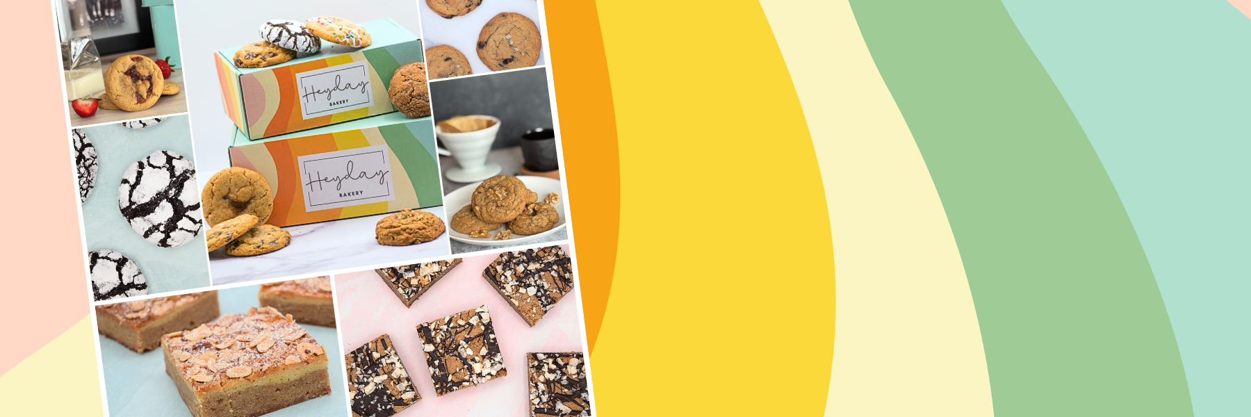 Cookie gift boxes with peanut butter and jelly cookies, chocolate crinkle cookies, almond croissant blondies, coconut coffee blondies, coffee & walnut cookies, and chocolate chip cookies.